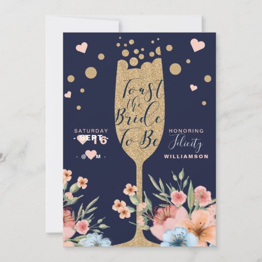 Gold Champagne | Florals & Stripe Brautparty Einladung (Vorderseite)