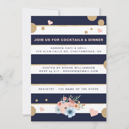 Gold Champagne | Florals & Stripe Brautparty Einladung (Rückseite)