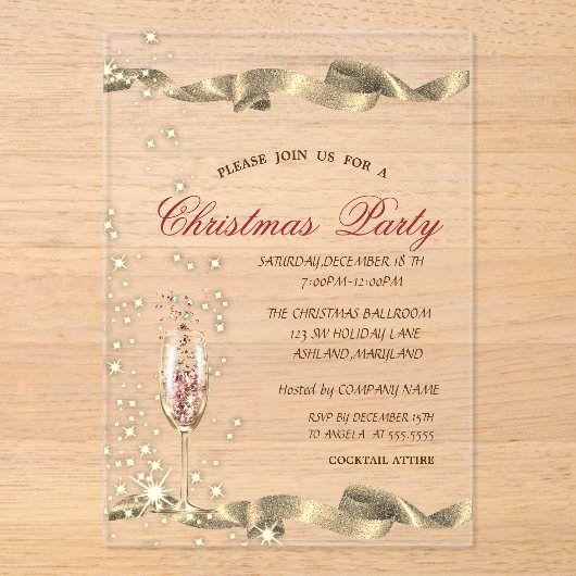 Gold Champagne Glass Corporate Christmas Party Acryleinladungen (Vorderseite)