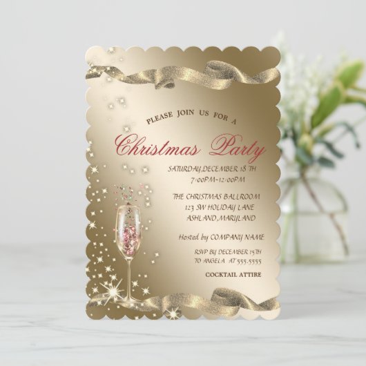 Gold Champagne Glass Corporate Christmas Party Einladung (Stehend Vorderseite)