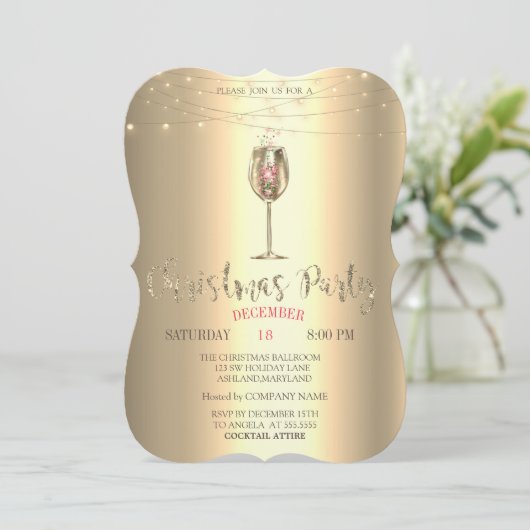 Gold Champagne Glass, Lights Christmas Company Einladung (Stehend Vorderseite)