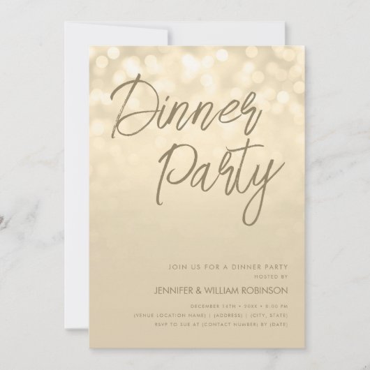 Gold Champagne Lights Script Dinner Party Einladung (Vorderseite)