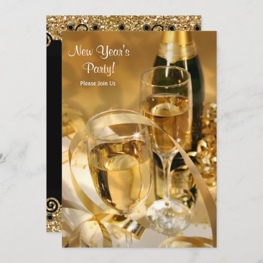 Gold Champagne New Years Party Einladung (Vorne/Hinten)