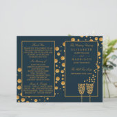 Gold Champagner Bubbles Blue/Gold Hochzeitsprogram (Stehend Vorderseite)