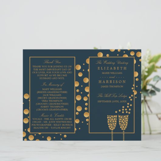 Gold Champagner Bubbles Blue/Gold Hochzeitsprogram (Stehend Vorderseite)