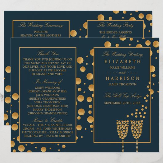 Gold Champagner Bubbles Blue/Gold Hochzeitsprogram (Vorne/Hinten)