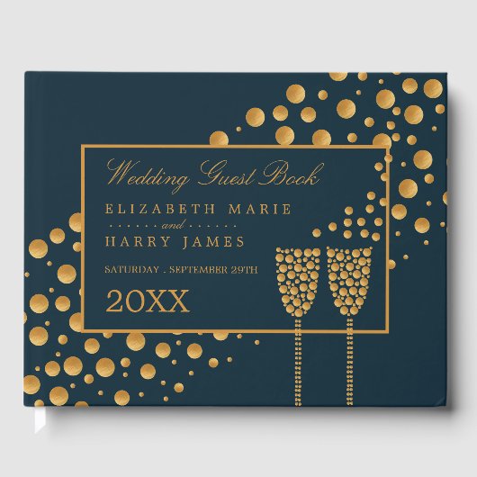 Gold Champagner Bubbles, Blue & Gold Wedding Gästebuch (Vorderseite)
