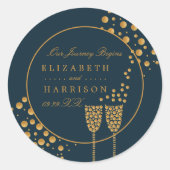 Gold Champagner Bubbles, Blue & Gold Wedding Runder Aufkleber (Vorderseite)