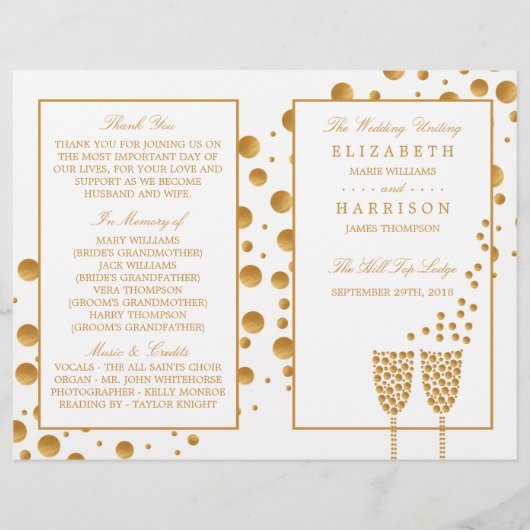 Gold Champagner Bubbles Wedding Bi-fold Programm (Vorderseite)