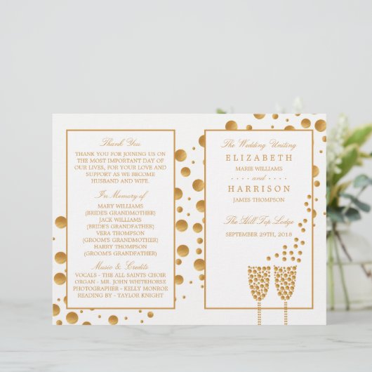 Gold Champagner Bubbles Wedding Bi-fold Programm (Stehend Vorderseite)