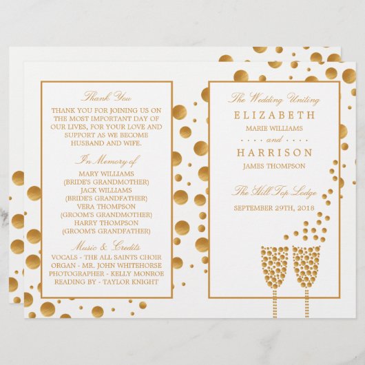 Gold Champagner Bubbles Wedding Bi-fold Programm (Vorne/Hinten)