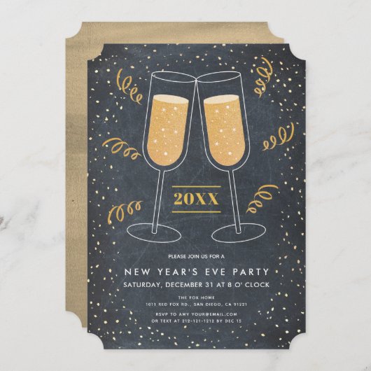 Gold Champagner Chalkboard Silvester Einladung (Vorne/Hinten)