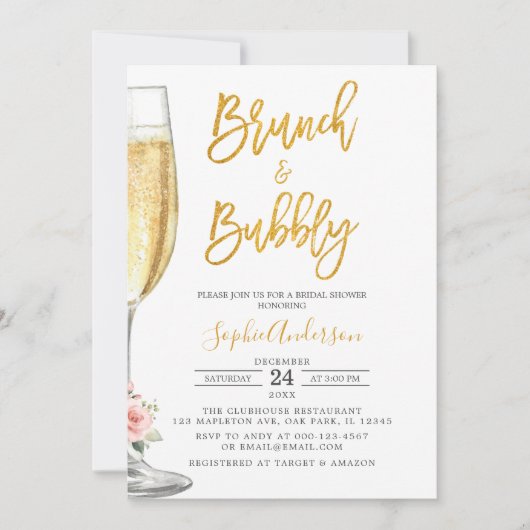 Gold Champagner Glass Brunch & Bubbly Brautparty Einladung (Vorderseite)