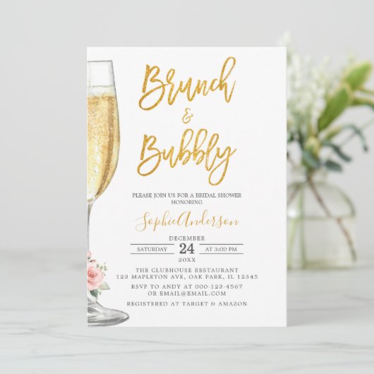Gold Champagner Glass Brunch & Bubbly Brautparty Einladung (Stehend Vorderseite)