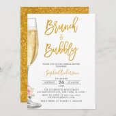 Gold Champagner Glass Brunch & Bubbly Brautparty Einladung (Vorne/Hinten)