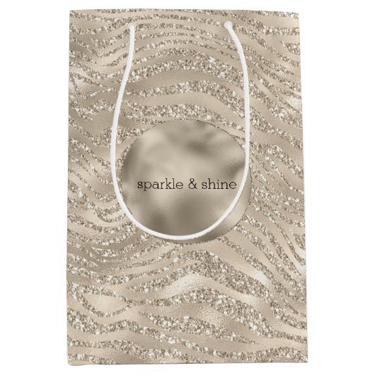 Gold Champagner Glitzer Zebra Print Glaver Mittlere Geschenktüte (Vorderseite)