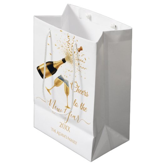 Gold Champagner Prost Neujahr Mittlere Geschenktüte (Vorderseite Schrägansicht)