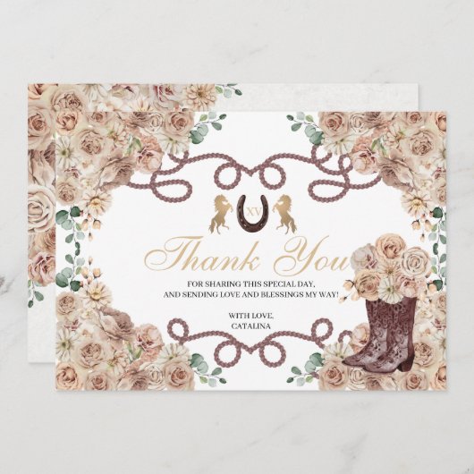 Gold Champagner Western Quinceanera Vielen Dank Dankeskarte (Vorne/Hinten)