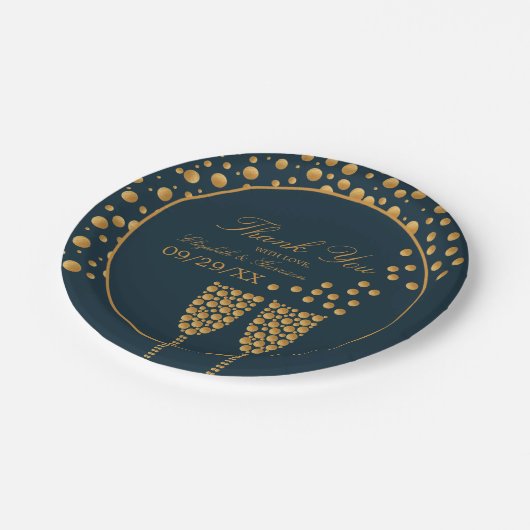 Gold Champagnerbläschen - Blau & Gold - Hochzeit Pappteller (Schrägansicht)