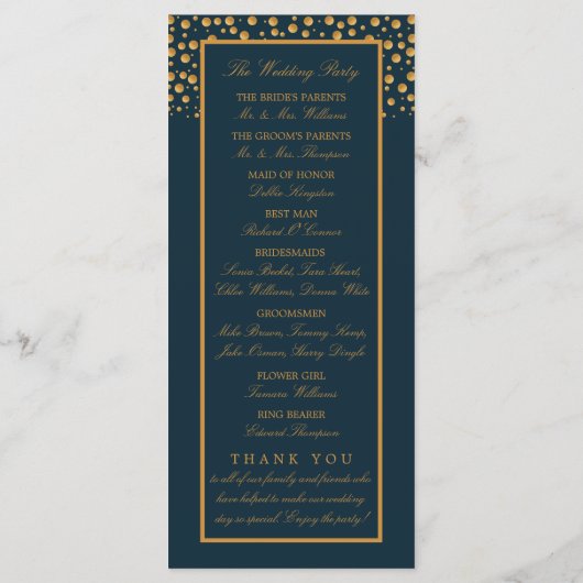 Gold Champagnerbläschen - Blau & Gold - Hochzeit Programm (Rückseite)