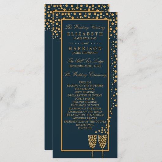 Gold Champagnerbläschen - Blau & Gold - Hochzeit Programm (Vorne/Hinten)