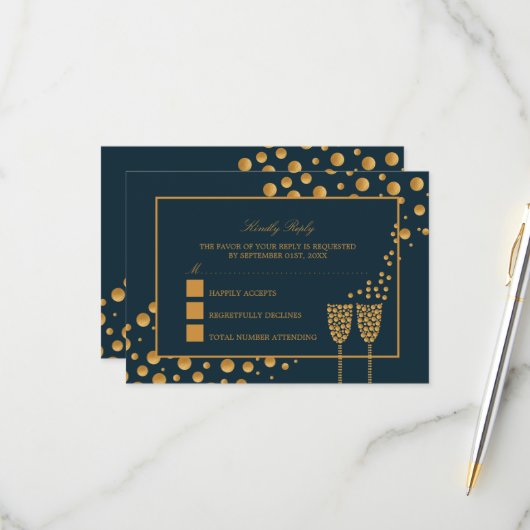 Gold Champagnerbläschen - Blau & Gold - Hochzeit RSVP Karte (Vorderseite/Rückseite Beispiel)