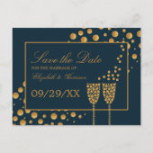 Gold Champagnerbläschen, Blue & Gold, Save the Dat Ankündigungspostkarte (Vorderseite)