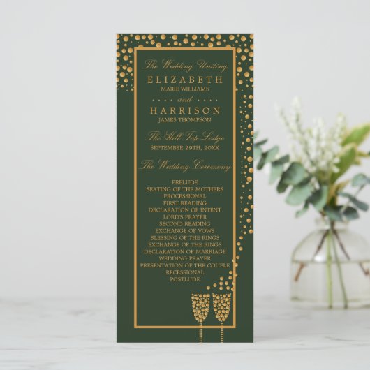 Gold Champagnerbläschen - Grün & Gold - Hochzeit Programm (Stehend Vorderseite)