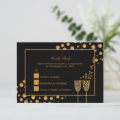 Gold Champagnerbläschen - Schwarz & Gold - Hochzei RSVP Karte (Stehend Vorderseite)