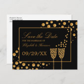 Gold Champagnerblasen, Black & Gold Save the Date Ankündigungspostkarte (Vorne/Hinten)