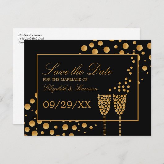 Gold Champagnerblasen, Black & Gold Save the Date Ankündigungspostkarte (Vorne/Hinten)