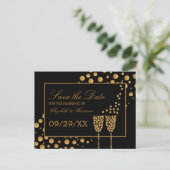 Gold Champagnerblasen, Black & Gold Save the Date Ankündigungspostkarte (Stehend Vorderseite)