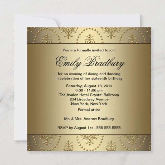 Gold Chandelier 16 . Geburtstag Party Einladung (Rückseite)