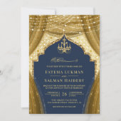 Gold Chandelier Vorhang Navy Blue Moslem Hochzeit Einladung (Vorderseite)