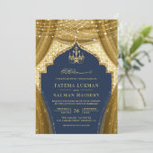 Gold Chandelier Vorhang Navy Blue Moslem Hochzeit Einladung (Stehend Vorderseite)