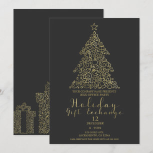 Gold & Charcoal Weihnachtsbaum-Geschenktauschparty Einladung