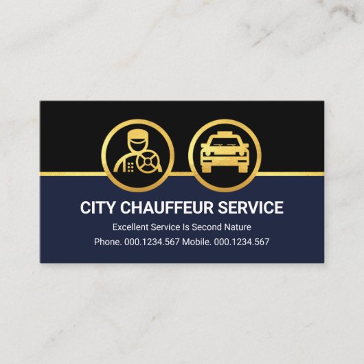Gold Chauffeur Auto auf schwarz blauen Lagen Visitenkarte (Vorderseite)