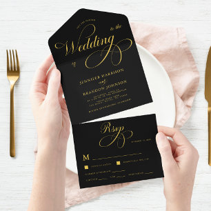 Gold Chic Calligraphy Black Classy Elegante Hochze All In One Einladung