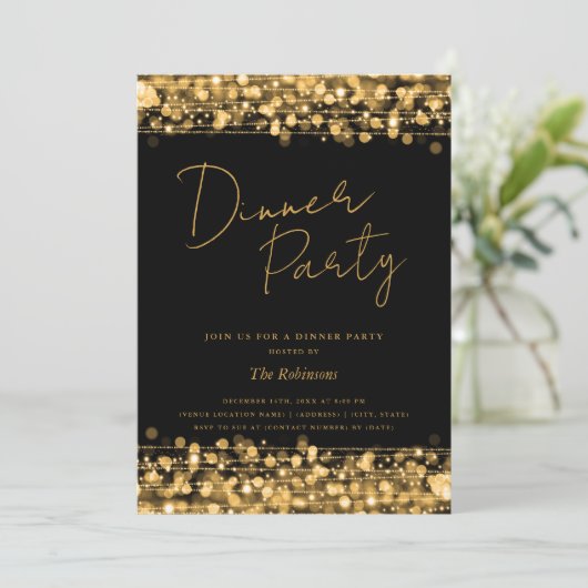 Gold Chic Lights Script Dinner Party Black Einladung (Stehend Vorderseite)