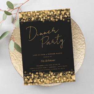 Gold Chic Lights Script Dinner Party Black Einladung