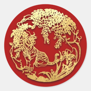 Gold Chinesische Papierschnitt Tiger Jahr wählen Runder Aufkleber