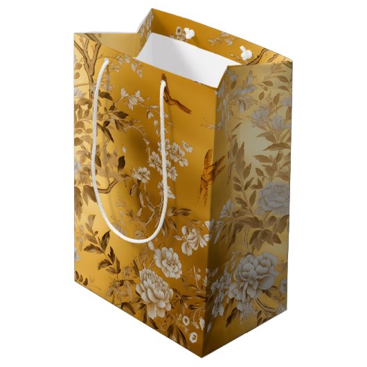 Gold Chinoiserie Blumenbeutel Mittlere Geschenktüte (Rückseite Schrägansicht)