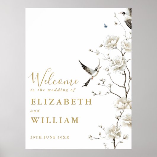 Gold Chinoiserie Floral Wedding Willkommenszeichen Poster (Vorne)