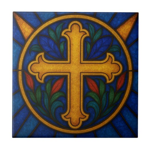 Gold Christian Cross Stained Glass Ceramic Tile Fliese (Vorderseite)