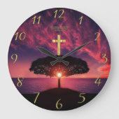 Gold Christian Faith cross with funny saying Große Wanduhr (Vorderseite)