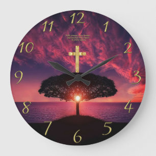 Gold Christian Faith cross with funny saying Große Wanduhr