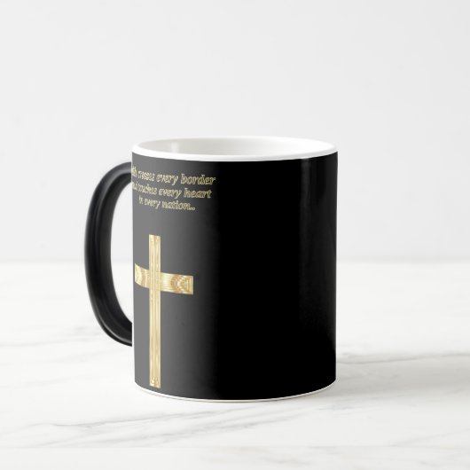 Gold Christian Faith cross with funny saying Verwandlungstasse (Vorderseite Links)