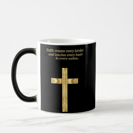 Gold Christian Faith cross with funny saying Verwandlungstasse (Links)
