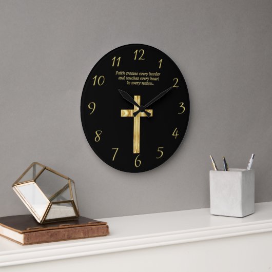 Gold Christlicher Glaubenskreuz mit lustigem Spric Große Wanduhr (Büro)