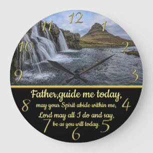 Gold Christlicher Glaubenssatz mit gelbem Wasserfa Große Wanduhr